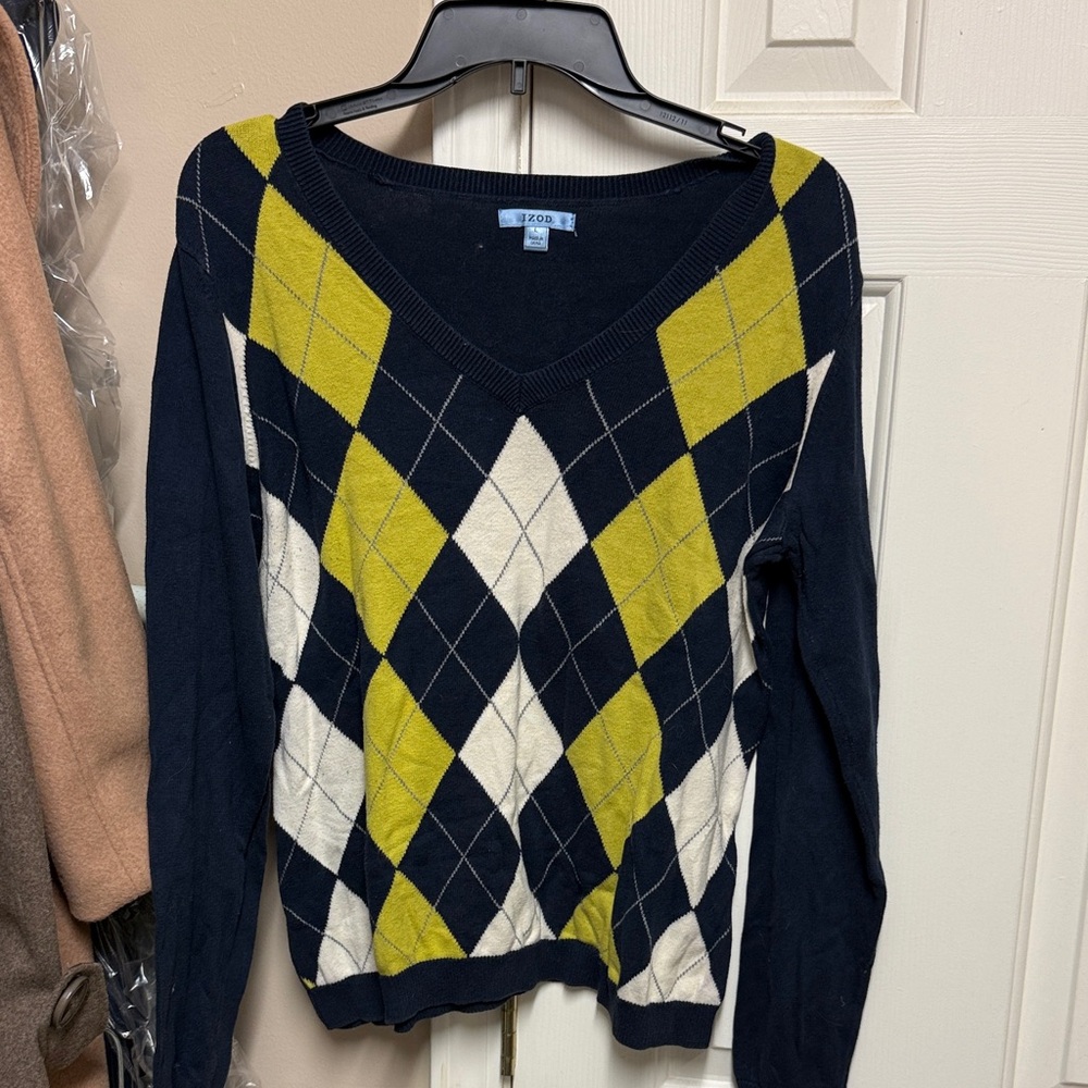 Izod Argyle V-Neck Sweater - Navy, Yellow, Cream